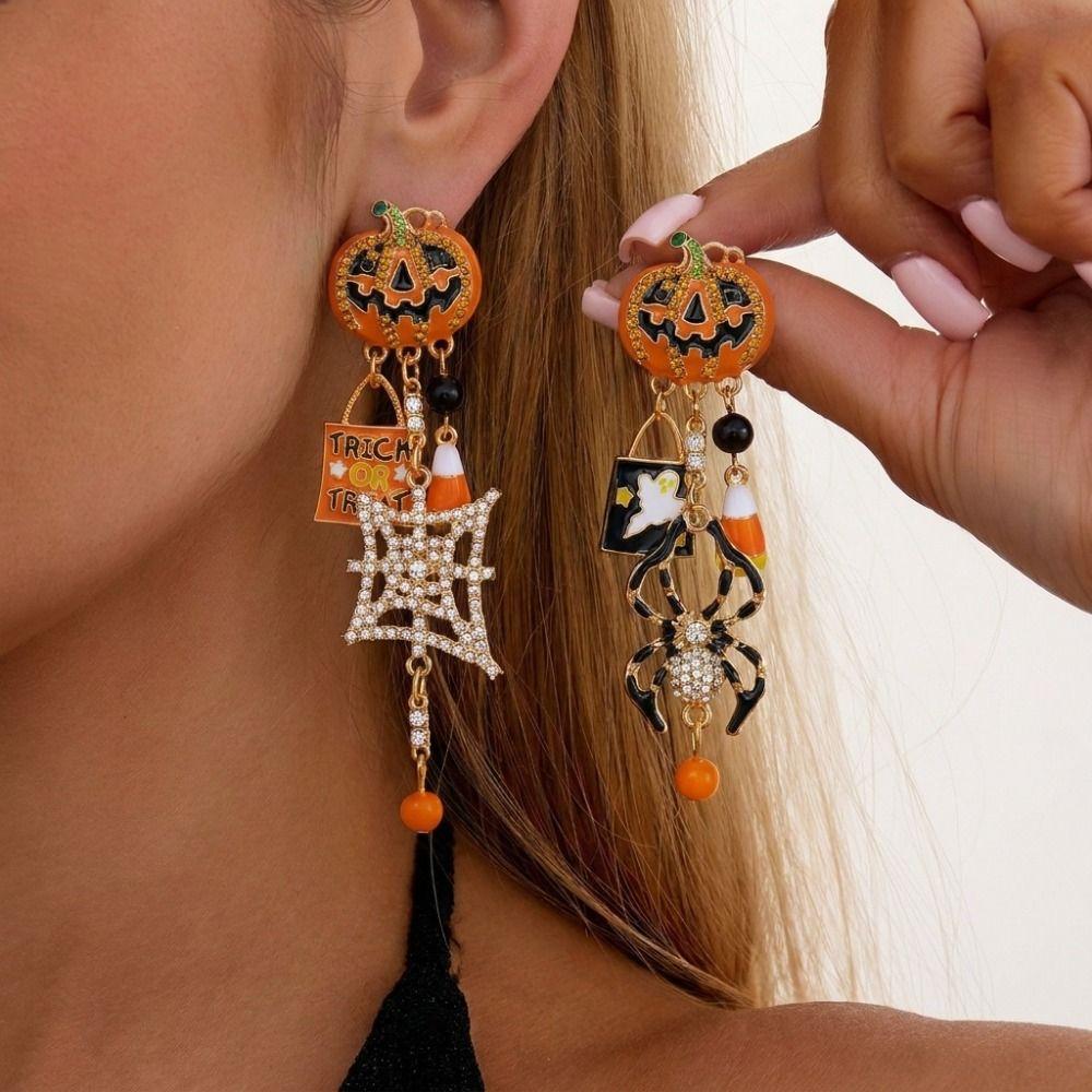 Zircon Pumpkin Ear Studs Rhinestone Spider Dangle Earrings Halloween Earrings  All Saints' Day
