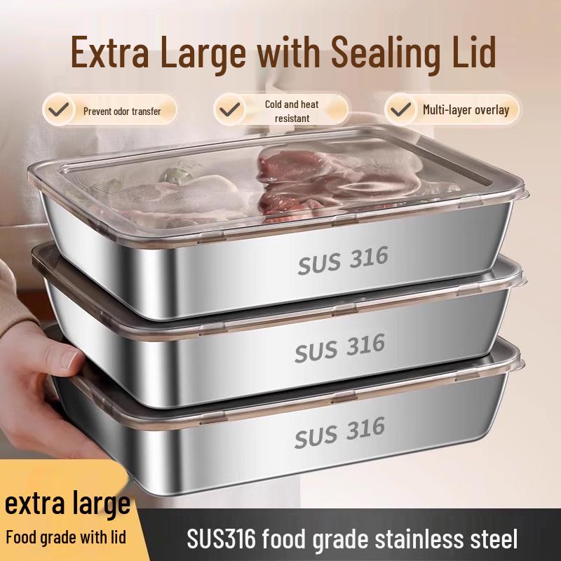 304 Stainless Steel Square Storage Box with Lid - Food Grade Fresh-Keeping Container