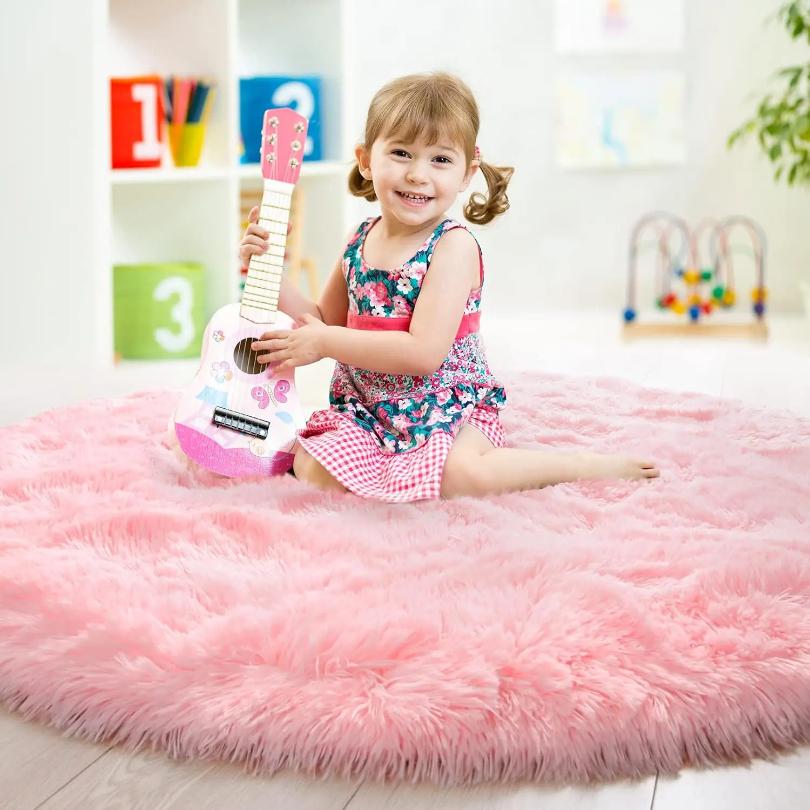 Pink Round Carpet Fluffy Soft Area Floor Mat Children Girls Room Princess Castle Plush Carpet Living Room Home Decor