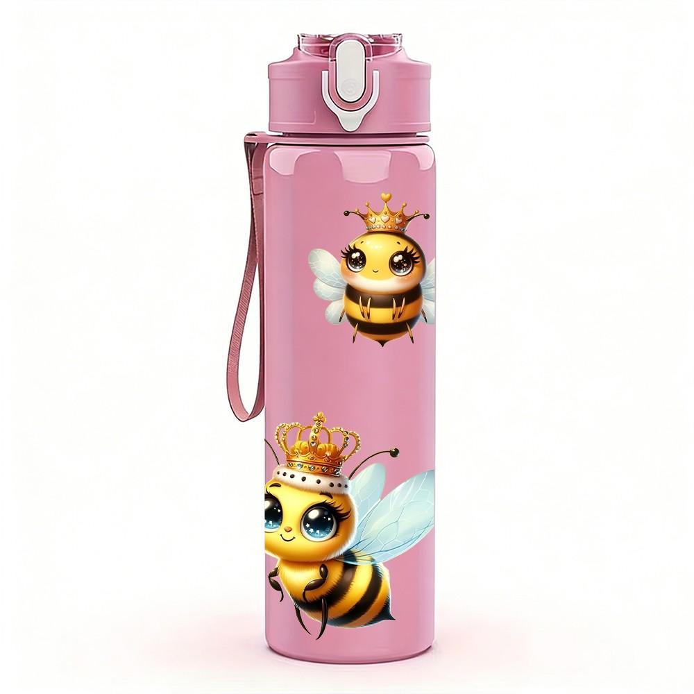 1PC Simple Flying Bumble Bee Print 750ml Color Plastic Sports Water Bottle Leakproof Flip Straw Lid Suitable for Sports Office Home Use