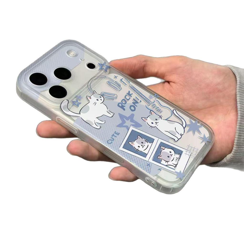 Coque de téléphone avec illustration de chat style coréen pour iPhone 17 Pro Max, 16 Plus, 15, 13 avec Bouton de Caméra Intégré, Finition Mate.