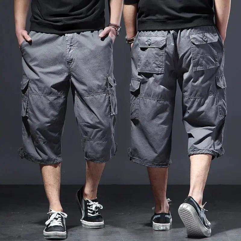 Mens Cargo Shorts Casual Half Pants Elastic Waist Summer Camo Shorts Sports Running Hiking Multiple Pockets Male Knee Pants