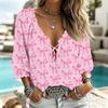 Women's Casual V-Neck Printed 3/4 Sleeve Blouse with Tie Front and Ruffled Trim