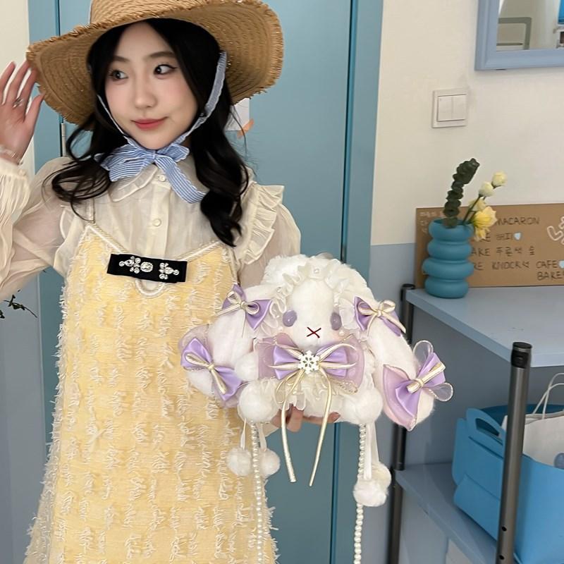 Lolita niedliche Schleife Hasentasche große Ohren haariger Kordelzugbeutel süße Schwester Perlenkette Umhängetasche