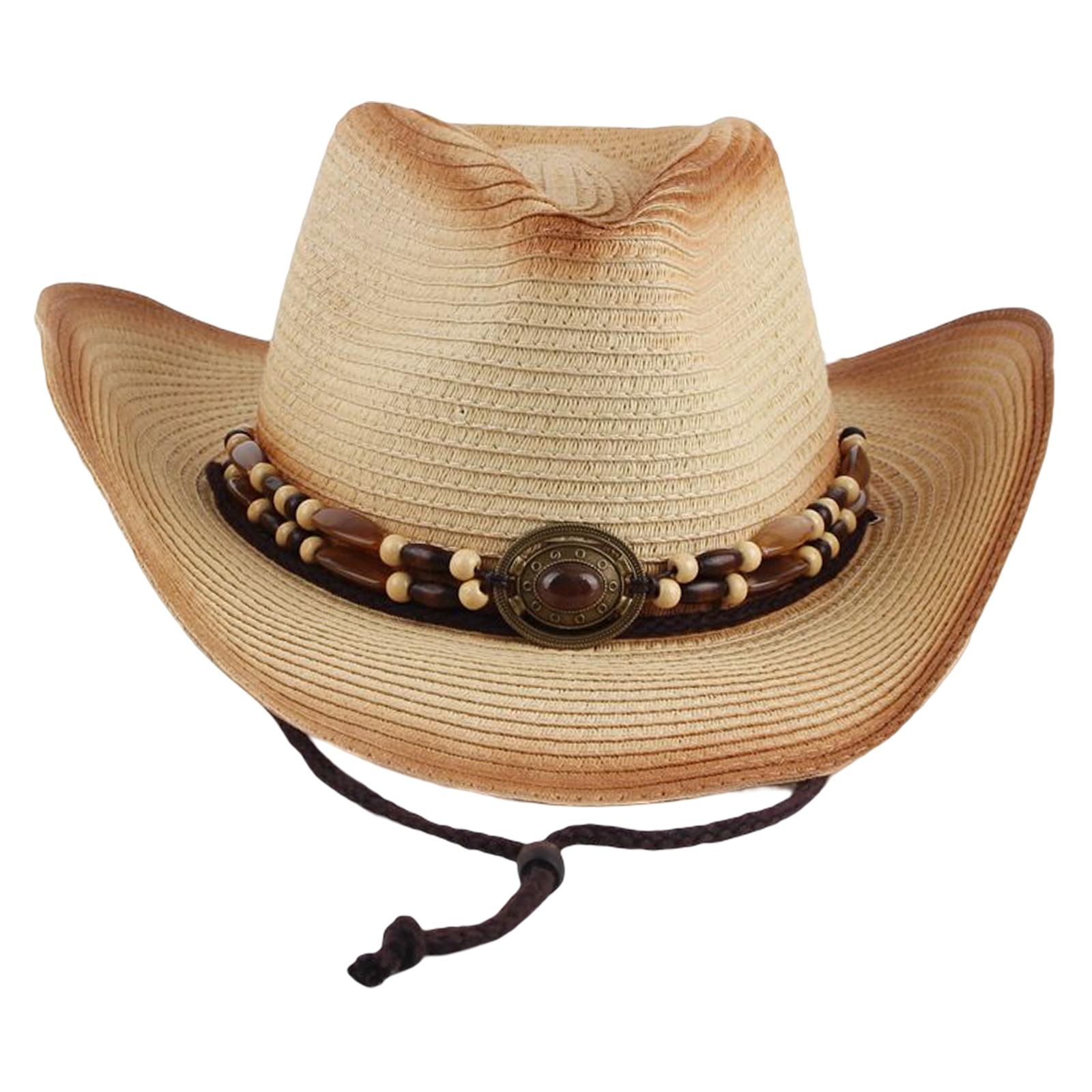 

Western Cowboy Hat, Sun Protection Hat Shapeable Wide with Beads Belt Adjustable Paper Straw for Men s Women s Outdoor бежевый