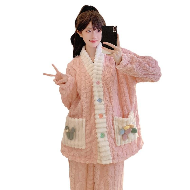 Women’s Winter Coral Fleece Pajama Set - Long Sleeve Flannel Cardigan, Thick Warm Plus Size Home Wear