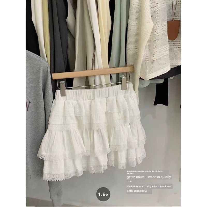 

Thirteen Lines Boudoir Style Lace Patchwork Elastic Waist Cake Dress Women s Autumn New Arrival High Waist Slim Looking Short Skirt Apricot All yards