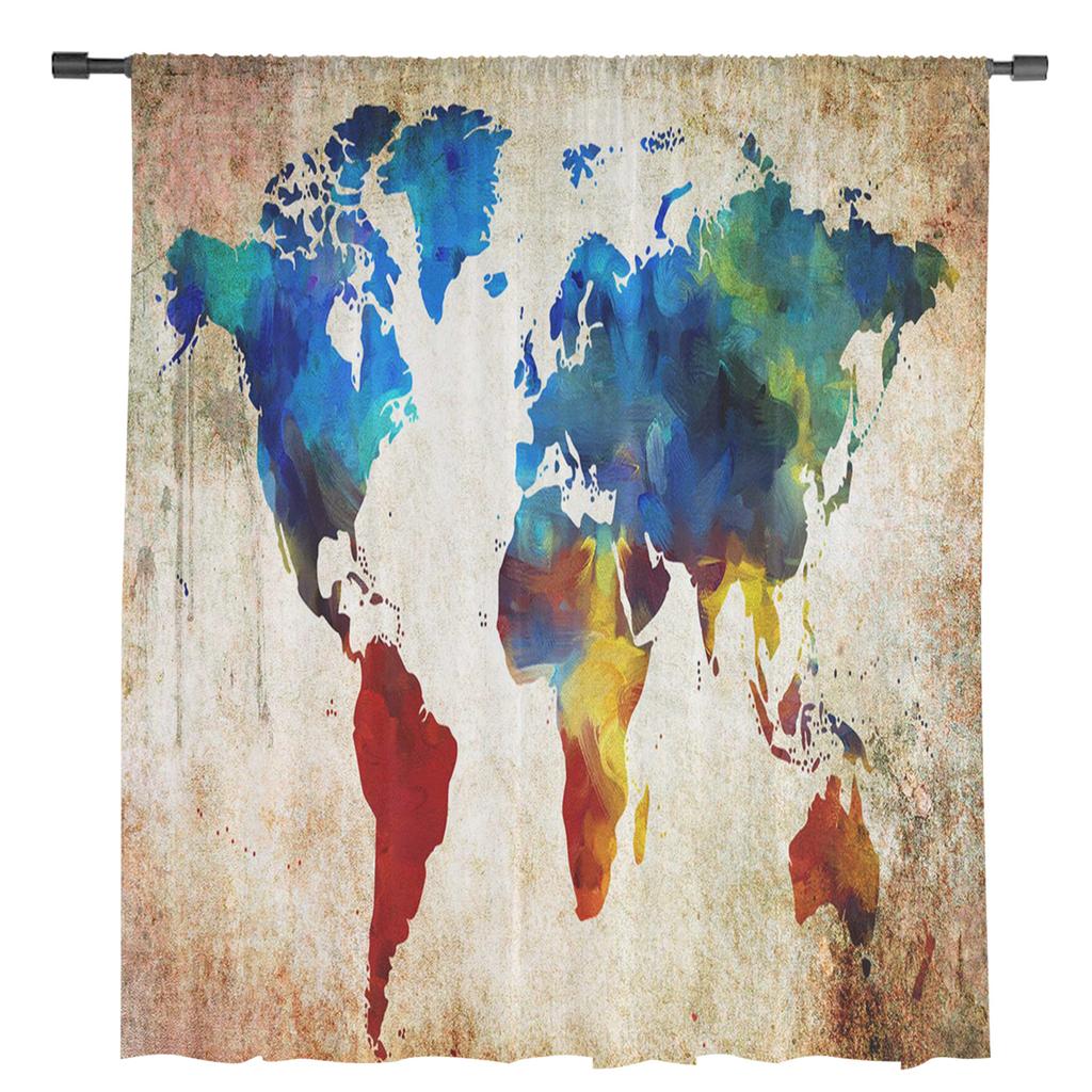 Colorful Map On Vintage Background Tulle Curtains Kitchen Door Curtain Chiffon Sheer Voile Christmas Curtains For Living Room