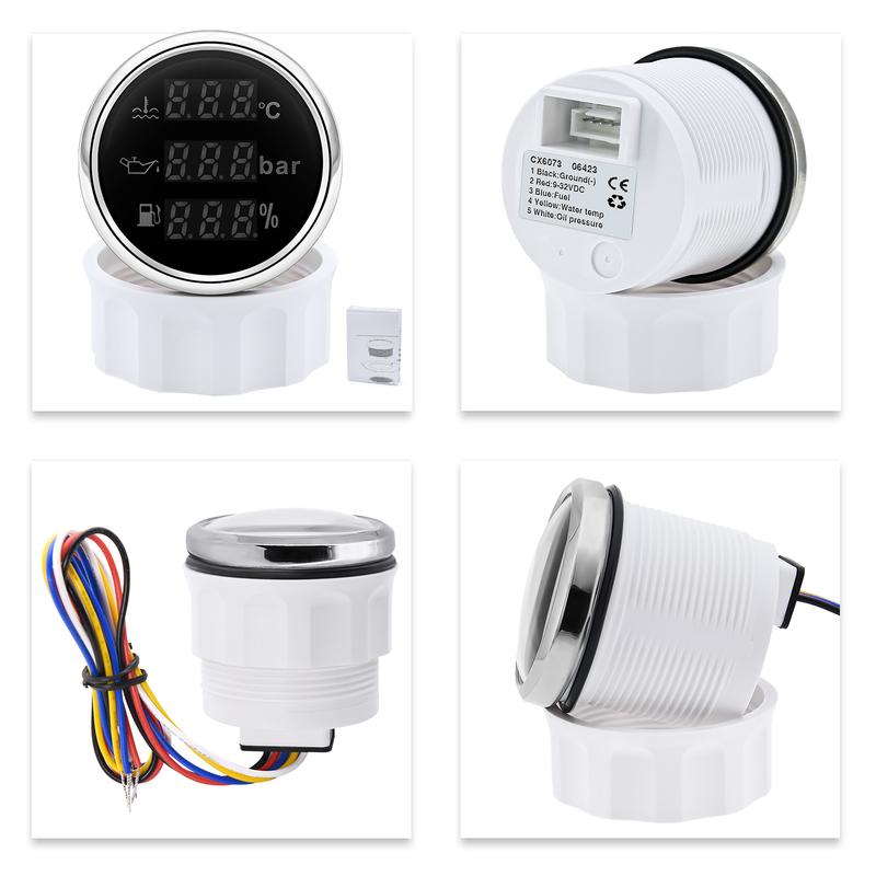 ZMFJH Blue LED Digital 3 IN 1 52MM Water Temperature Gauge+Oil Presssure+Fuel Gauge with Alarm Sensor Set for Car Boat 12V24V