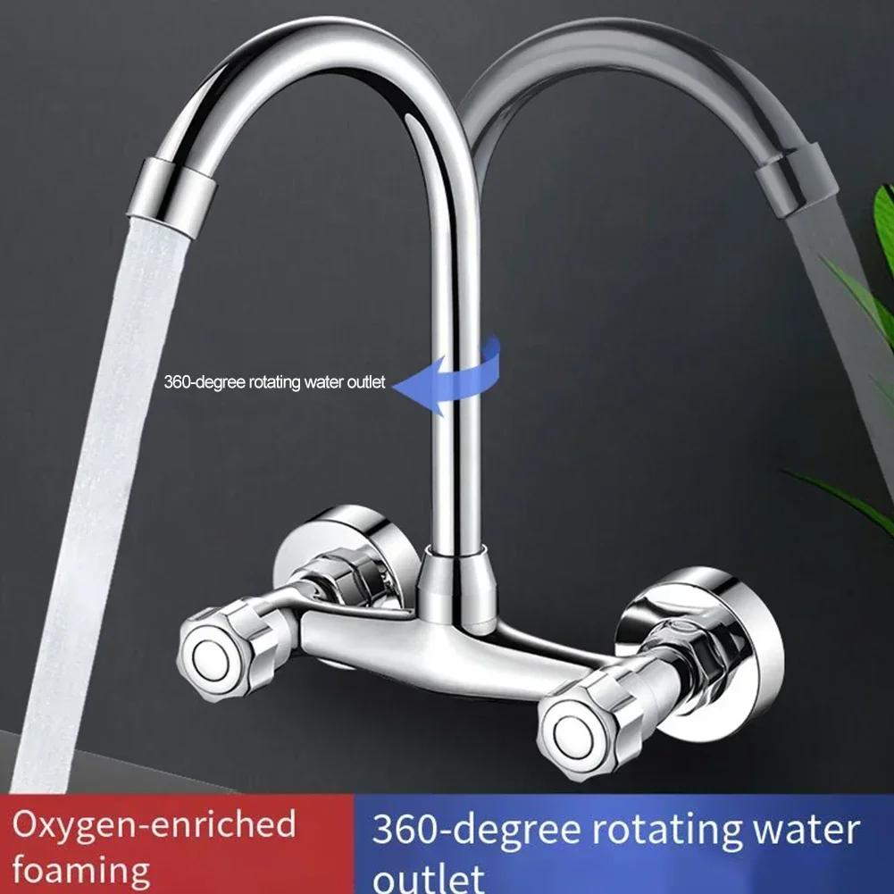 Kitchen Faucet Wall Mounted Brass Sink Faucet Mixer 360 Degree Swivel Double Hole Bathroom Hot And Cold Mixing Valve Tap