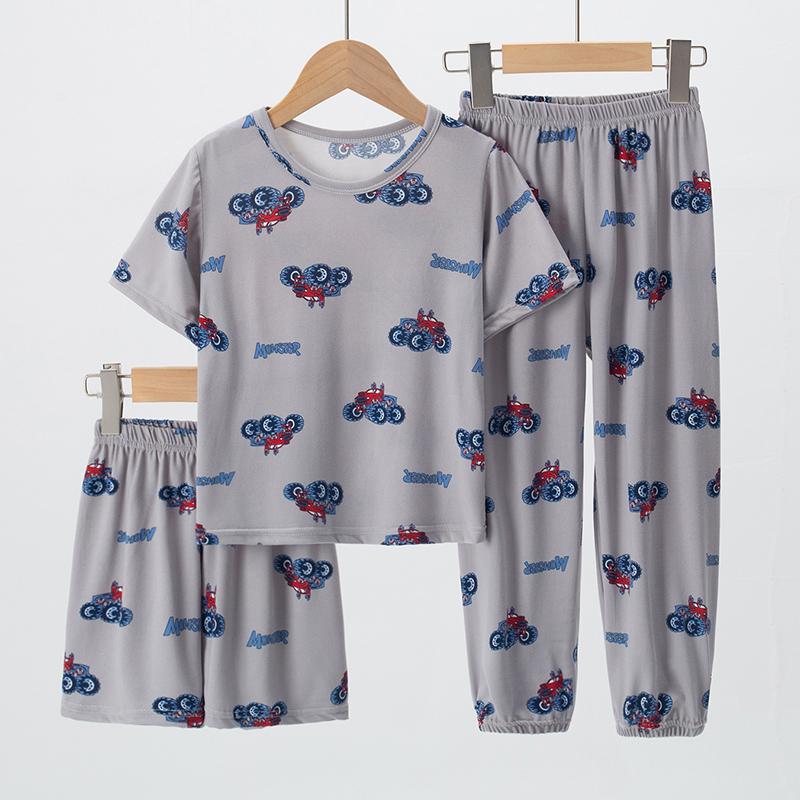 3pcs Summer Children's Printing Short-sleeved Shorts 9 Pants Suit Boys and Girls Comfortable Pajamas Can Be Worn Outside
