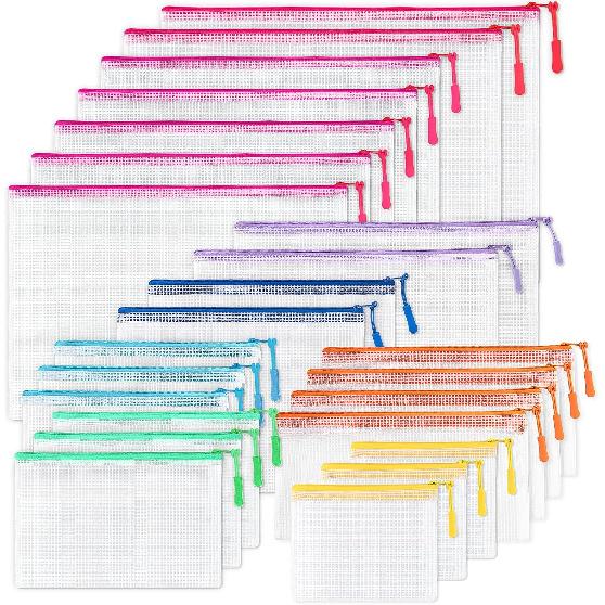 24 Pcs Mesh Zipper Pouch Bags, Plastic Zipper Pouches for Classroom in 8 Sizes, Waterproof Mesh Zipper Bags for Organizing, Clear Zipper Pouches for