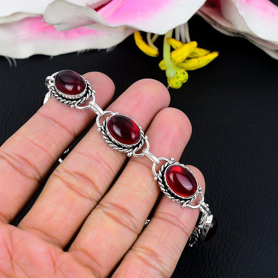 Mozambique Garnet Gemstone Handmade 925 Sterling Silver Bracelet 7-8" KG-211