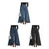 Women Pants High Waist Buttons Zipper Closure Denim Pants with Pockets Irregular Large Hem Wide Leg Solid Color Casual