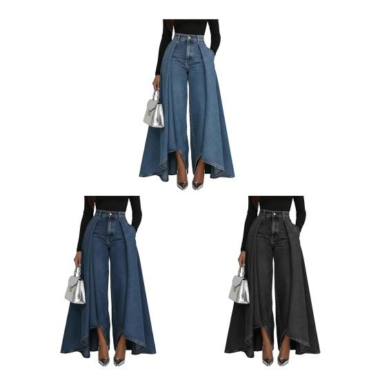 Women Pants High Waist Buttons Zipper Closure Denim Pants with Pockets Irregular Large Hem Wide Leg Solid Color Casual