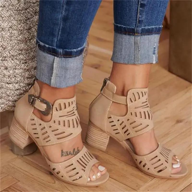 Fashion Women Mid Heel Summer Slip-on Buckle Ladies Shoes Open Toe Casual Wedding Pumps Sandalias Solid Color Thick Heeled Sandales