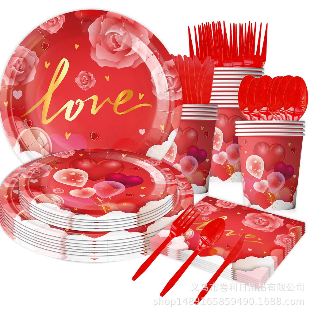 Valentinstag Partyzubehör Geburtstagsdekoration Arrangement Banner Zugflagge Geschirr Pappteller Papierserviette Papierbecher