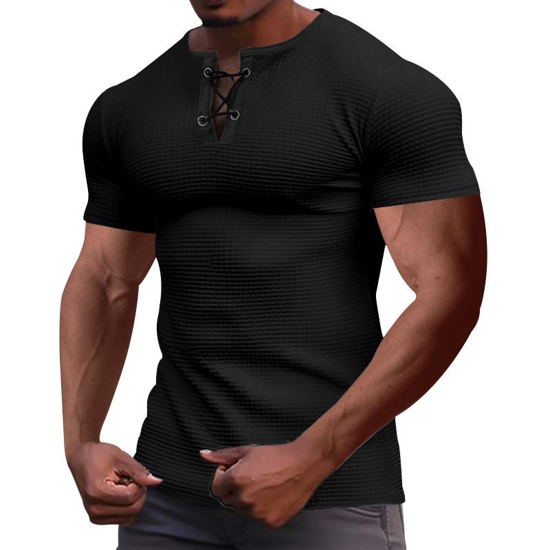 Camiseta Henley de Verano para Hombre de Corte Slim con Cordones - Transpirable Manga Corta Deportes Casual Moda