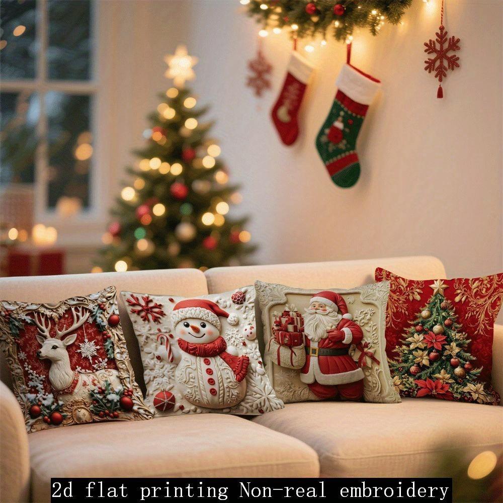 Christmas Pillowcase: Reindeer, Snowman, Santa Claus and Christmas Tree Pattern New Year Home Decoration 2d Flat Printing
