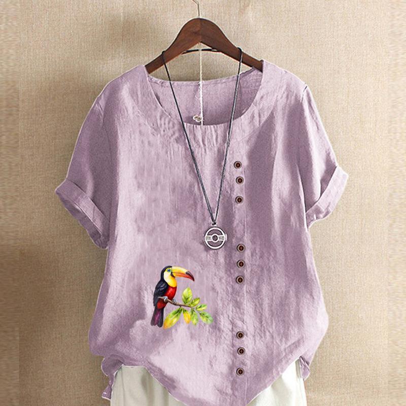 Women's Fashion Round Neck Short Sleeve T-shirt Casual Cotton Linen Pattern Shirt Leisure Loose Bird Prined Summer Blouse Tops