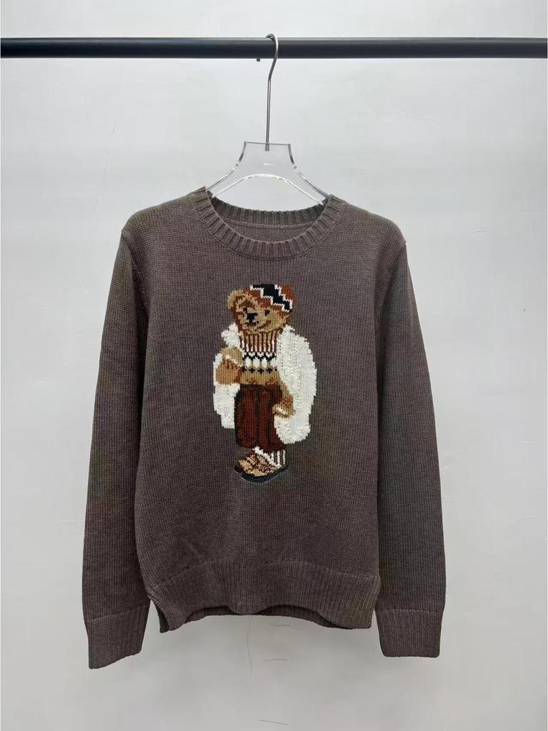 2025 R.L Wool Blend Cartoon Bear Round Neck Sweater - Women's Autumn/Winter Versatile Embroidered Style