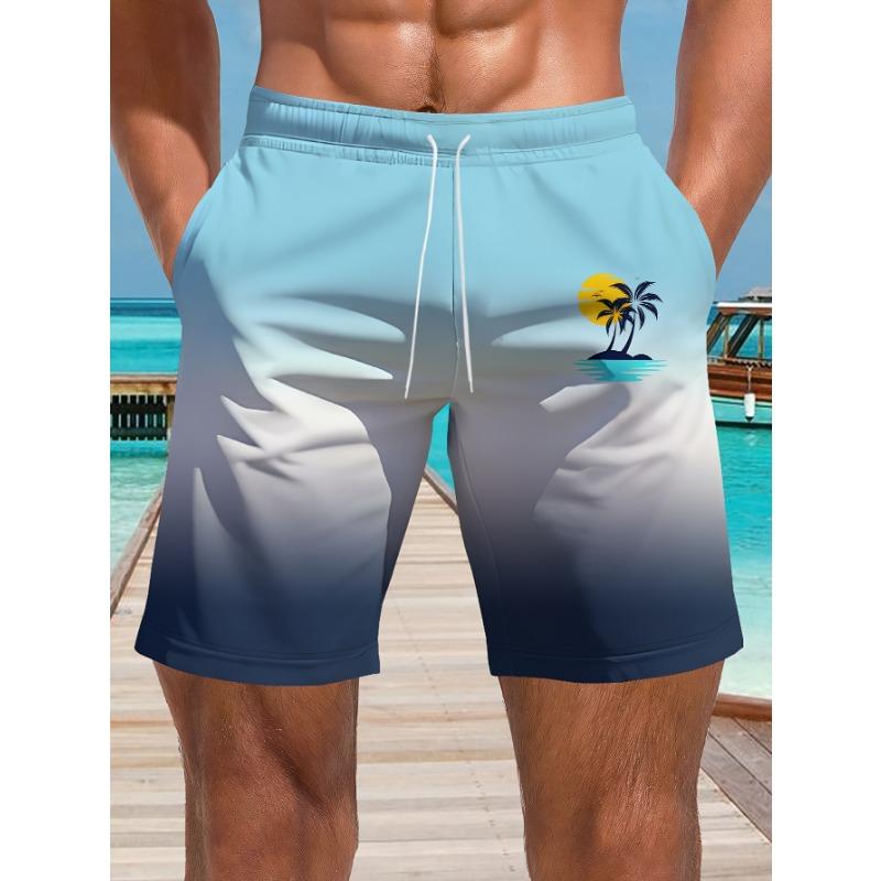 

Men s Fashionable Gradient Palm Tree Beach Shorts - Light Blue to White Drawstring Waist, Casual Summer Resort Wear, Hawaiian Style S