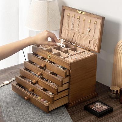 Vintage Wooden Jewelry Box with Large Capacity for Earrings, Necklaces, and Bracelets - Solid Wood, Drawer-Type Design