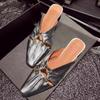 Fashion Fashion Metal Decoration Slippers Women  Elegant Square Head Pleated Designer Shoes  Comfortable Soft Leather Low Heel Slippers