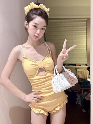 2024 Women's Korean Style Long Sleeve One-Piece Triangle Swimsuit - Solid Color, Conservative, with Cover-Up for Summer Vacation