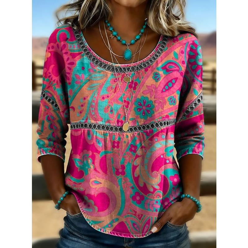 Top casual boho da donna con scollo a barca, cuciture traforate, stampa cachemire, manica 3/4, vestibilità ampia