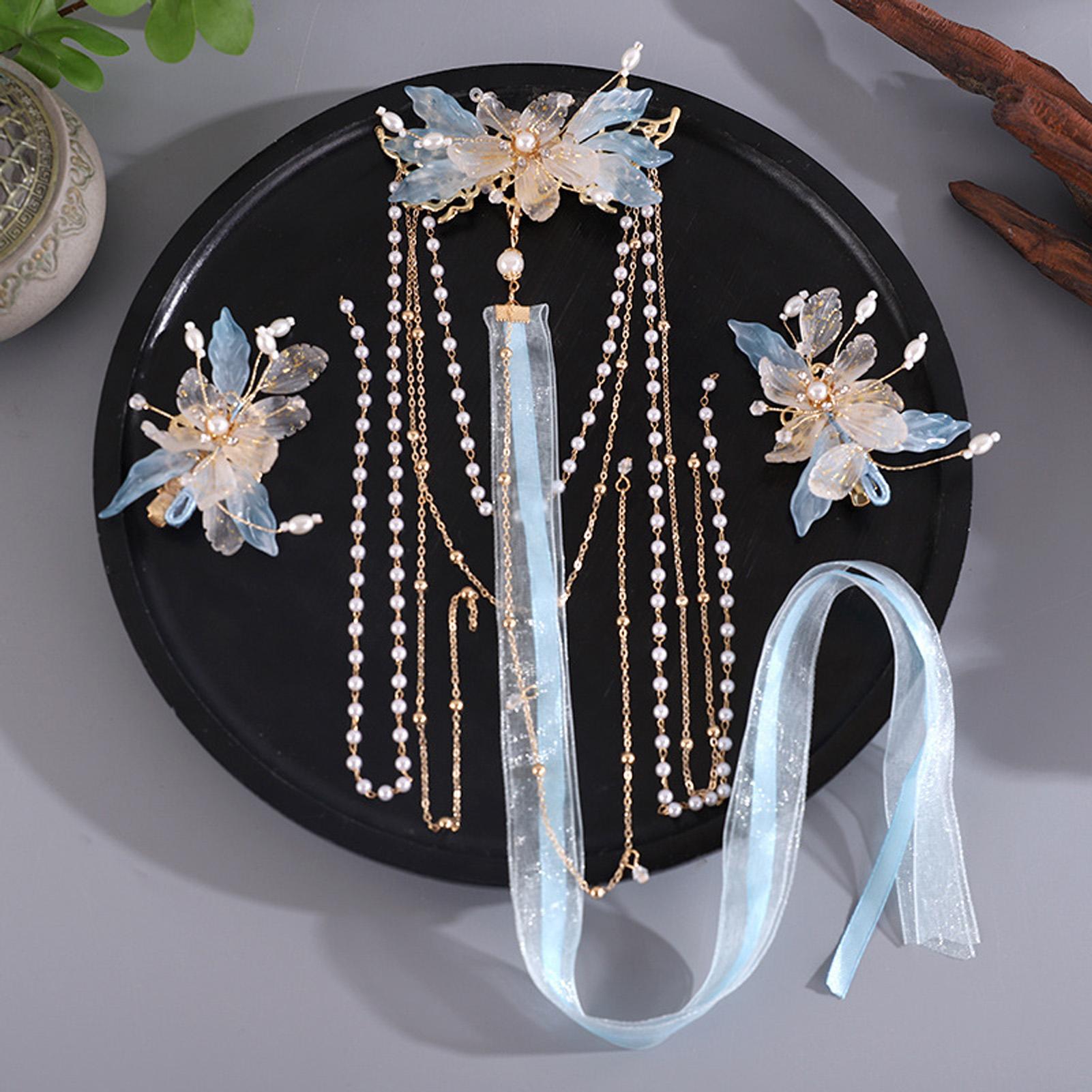 

Blue Ancient Chinese Hair Clips Resin Hairpins Set Vintage Style Hair Accessories With Tassel For Women Wedding Decoration
