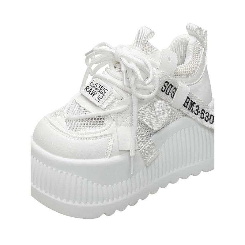 Fashion 8CM  Air Mesh Synthetic Leather Bling Casual Vulcanize Hollow Summer Chunky Sneakers Platform Wedge Flats Women Shoes