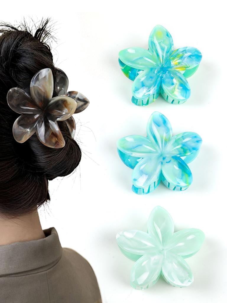 3 Pcs Hawaiian Flower Hair Claw Clips for Thick Hair,Non Slip Marble Vein Plumeria Flower Hair Pins for Women Beach Vacation