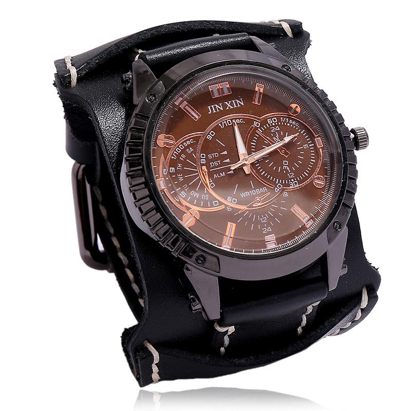 Retro Distressed Men's Cowhide Watch: European American Punk Wide Leather Bracelet Jewelry