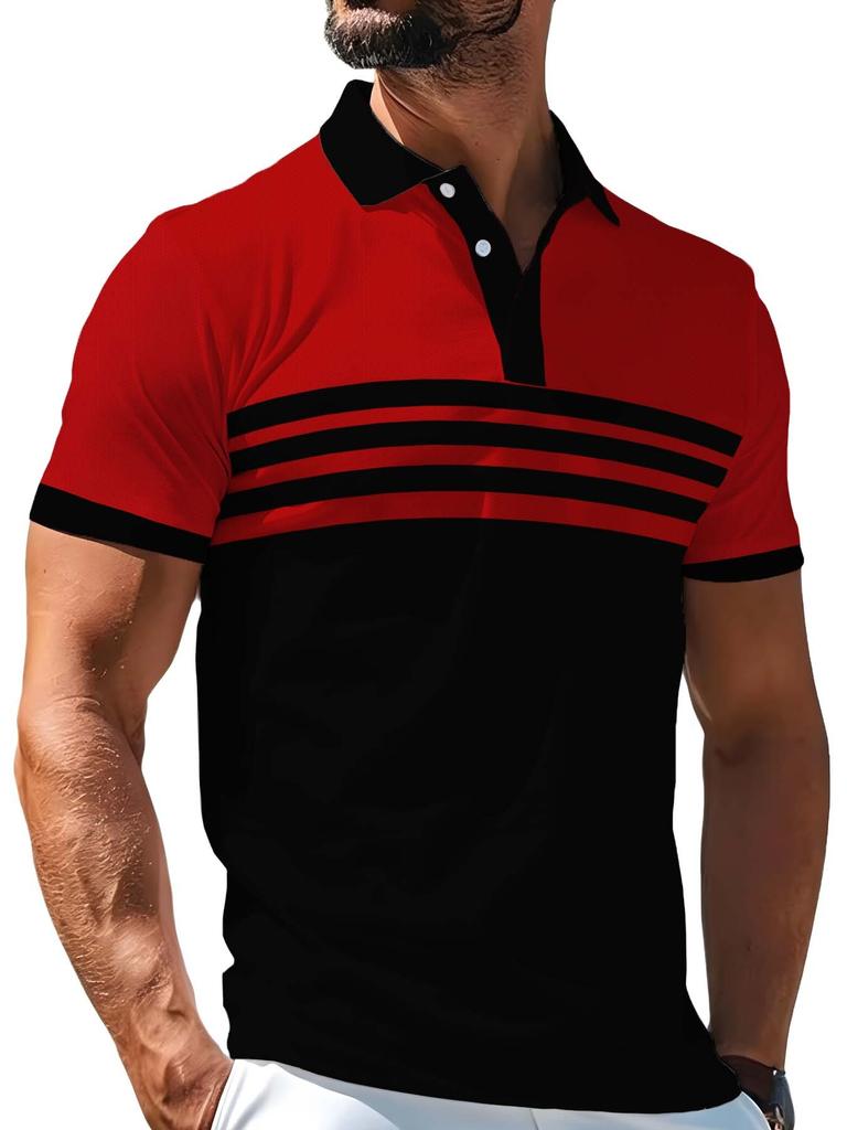 Men's Outdoor Polo Shirt, Available in Multiple Sizes, Featuring a Red and Black Color-block Design with Multiple Horizontal Stripes Across the Chest.