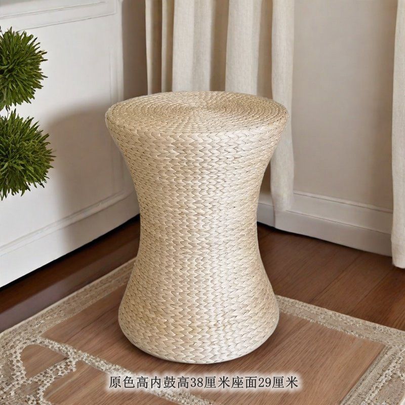 Round Rattan Ottoman Seat Cushion Handmade, Tatami Footstool, Tea Table Stool for Living Room, Low Height Chair