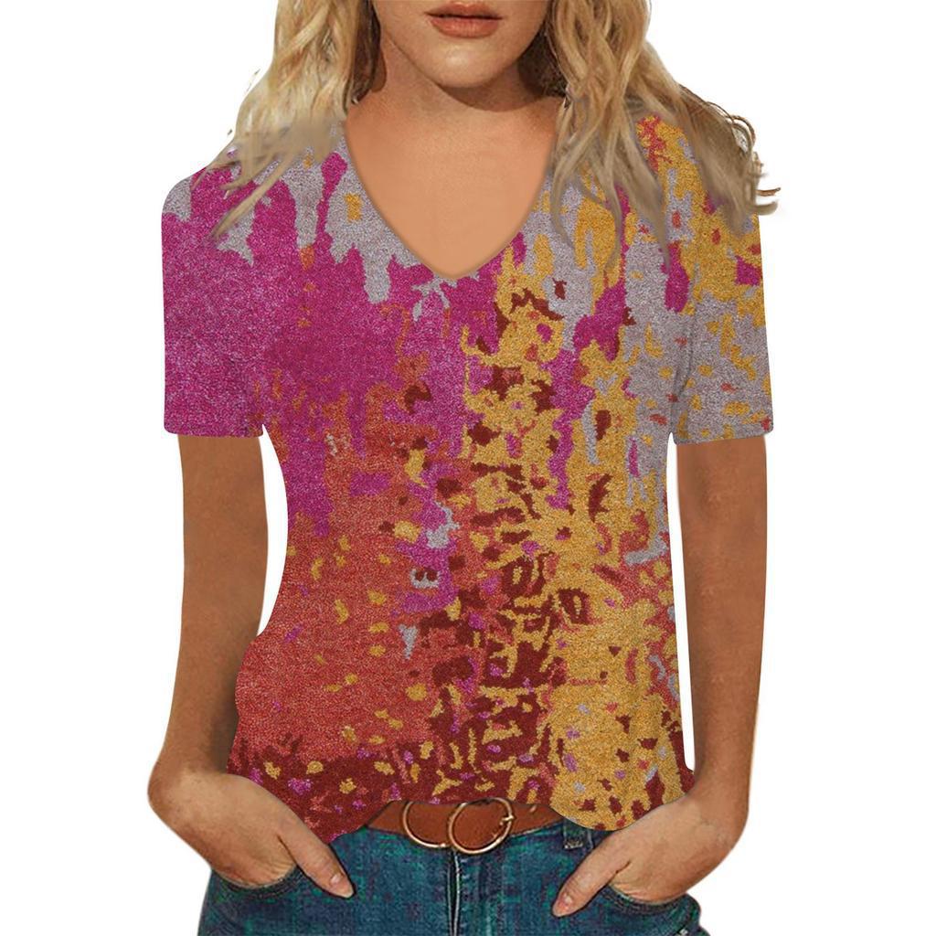 Sommer V-Ausschnitt 3D Abstraktes Retro-Muster Bedrucktes Oberteil Modische Lässige Kurzarm Damen T-Shirts