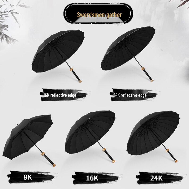 Men's Reinforced Long Handle Umbrella with Reflective Strips - Trendy Design for Sun and Rain