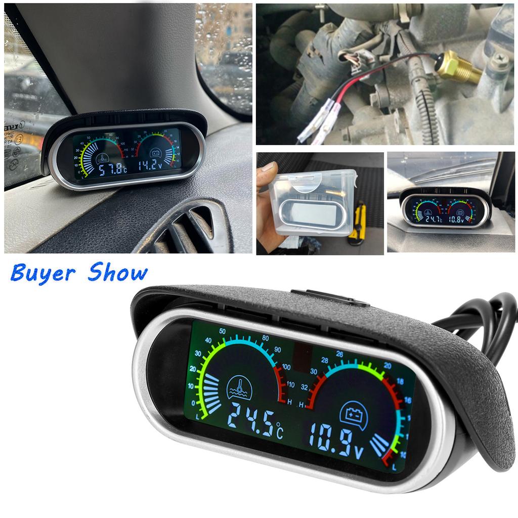 AD 2 In 1 LCD Car Water Temp Gauge Water Temperature Sensor 10mm Meter Voltmeter Voltage Digital Horizontal 12v 24v Accessories