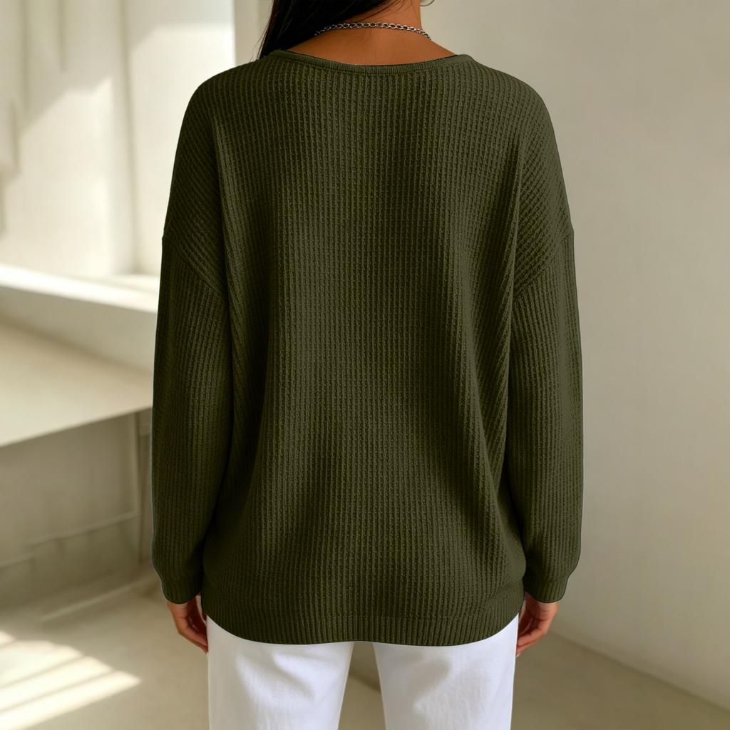 Women's Casual Knit Long Sleeve V-Neck T-Shirt Loose Fit Versatile Color Top