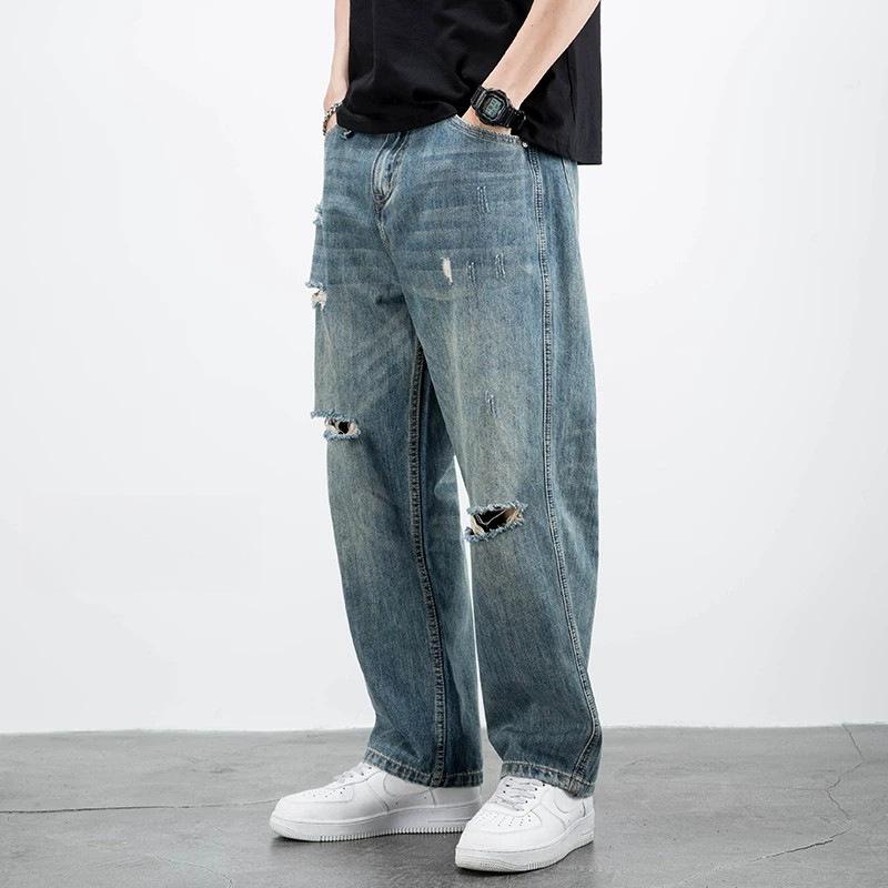 American high street ripped jeans men's summer thin loose straight trendy retro casual wide-leg trousers