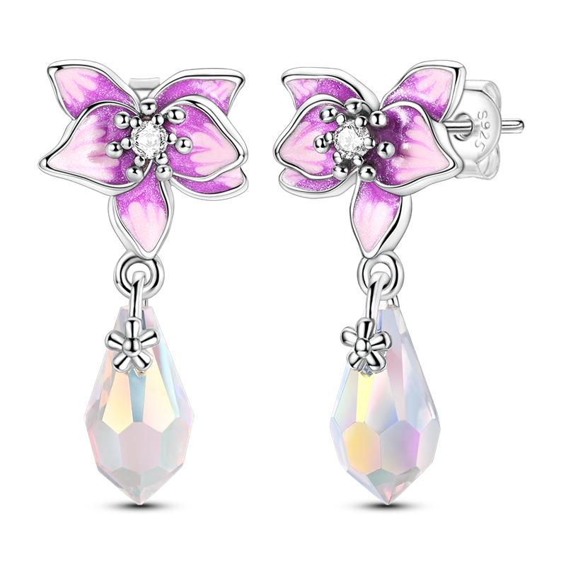 Original 925 Sterling Silver Purple Flower Owl Earrings Women 2025 Zircon Ear Studs Sparkling Pave Hoop Earring Jewelry Gift