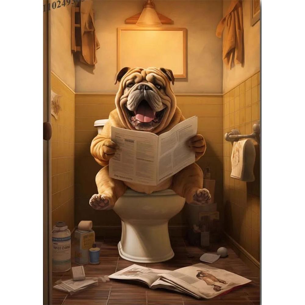 Hund sitzt auf der Toilette und liest Zeitung 5D DIY Diamantmalerei Kreuzstich Vollbohrer Runde Stickerei Heimdekoration Geschenke