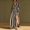 European and American, retro red and white striped shirt long dress, stand-up collar drawstring slit loose dress