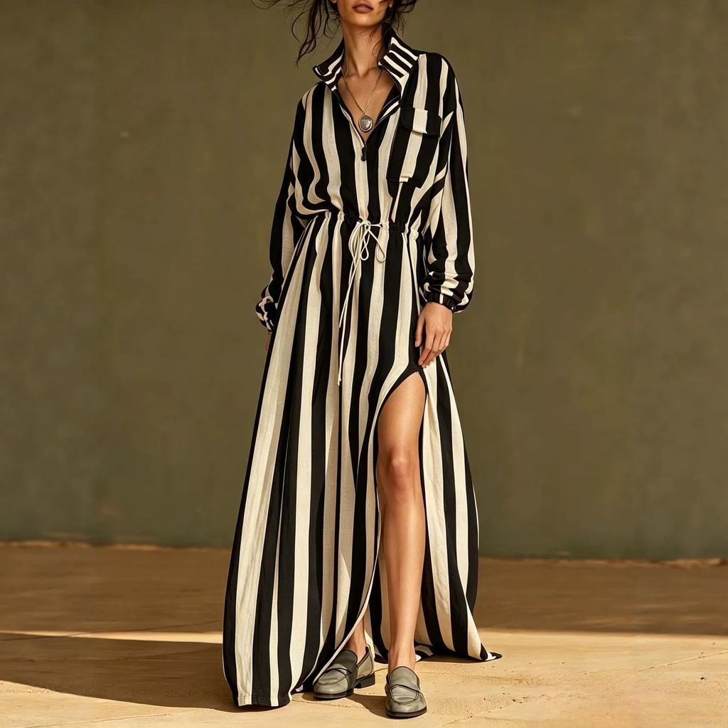 European and American, retro red and white striped shirt long dress, stand-up collar drawstring slit loose dress