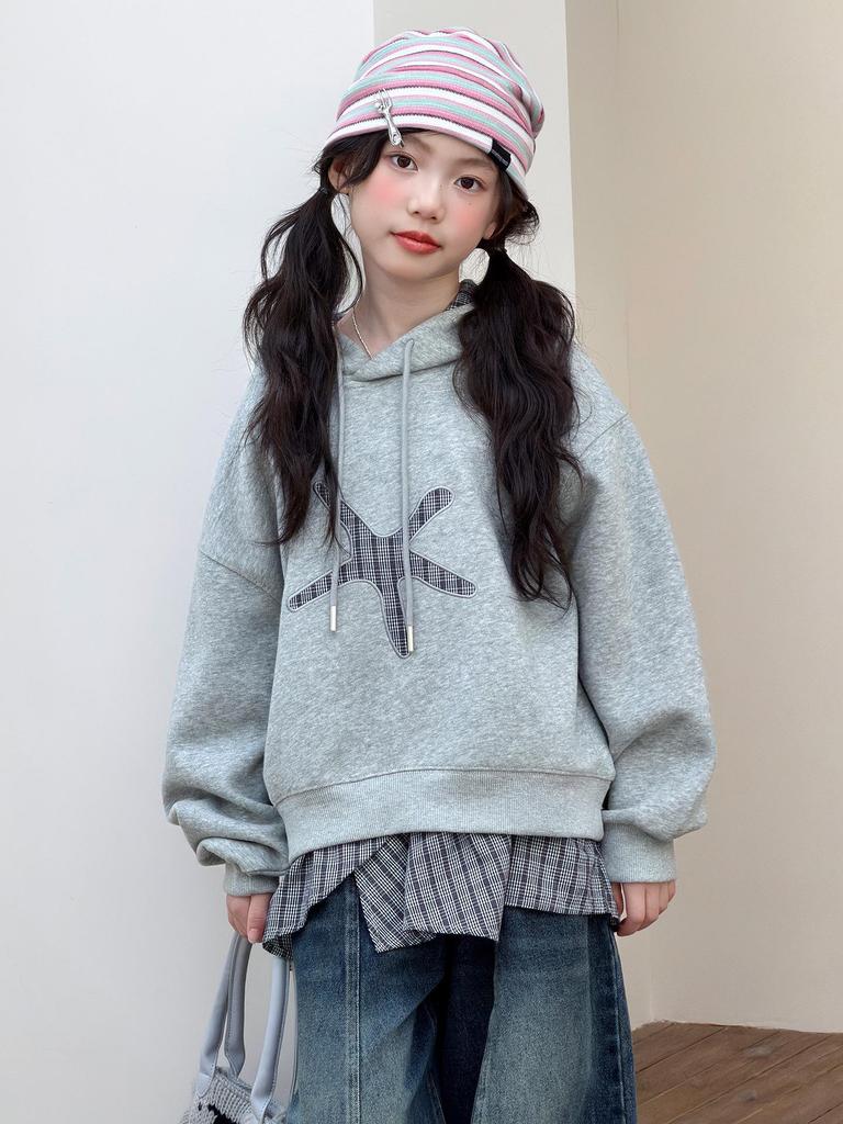 Girls' Plaid Patchwork Hooded Sweatshirt: 2026 Autumn Style for Middle and Older Children - Faux Two-Piece Long-Sleeve Top