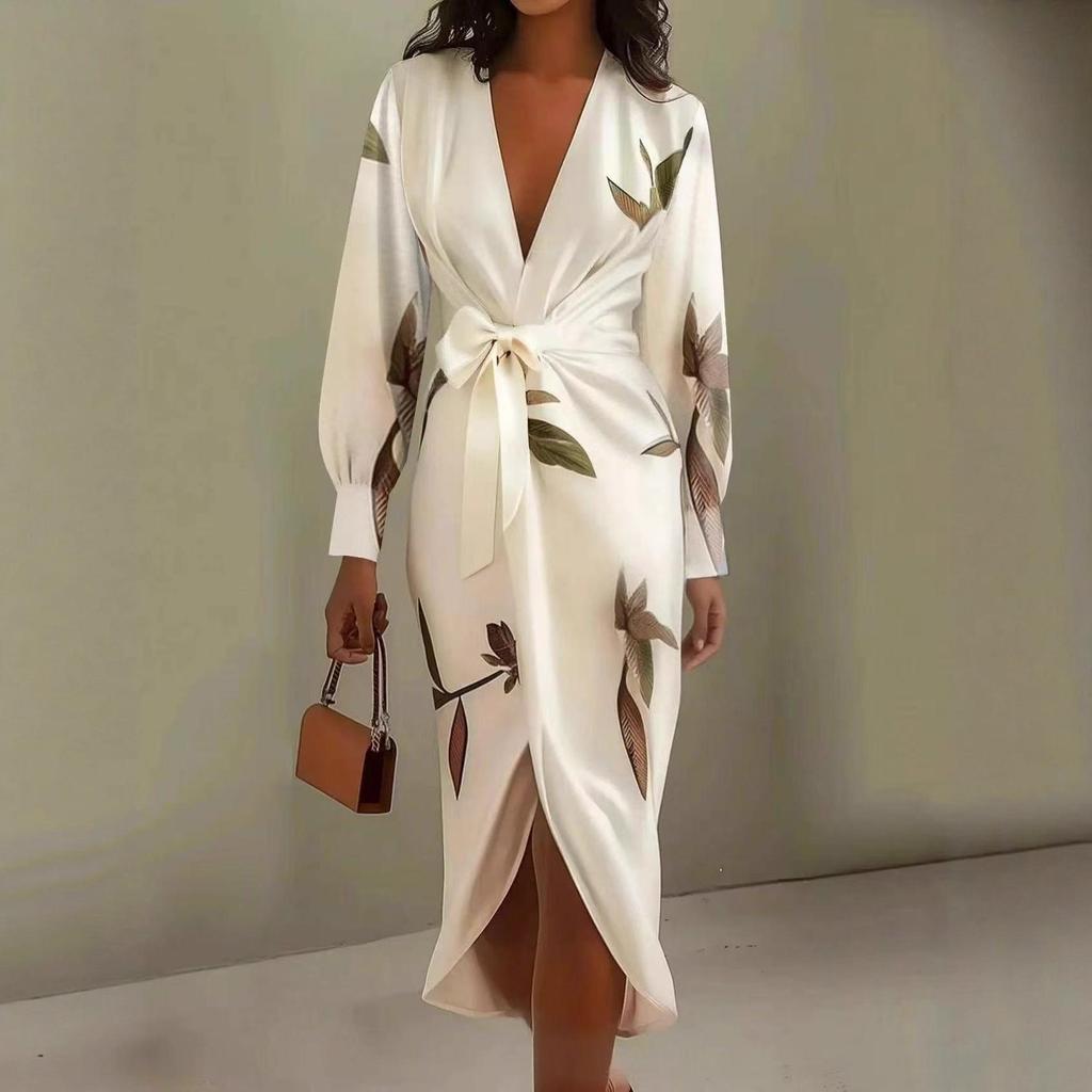2025 European & American Women's V-Neck Long Sleeve Lace-Up Printed Dress - Light Luxury, High-End Feel