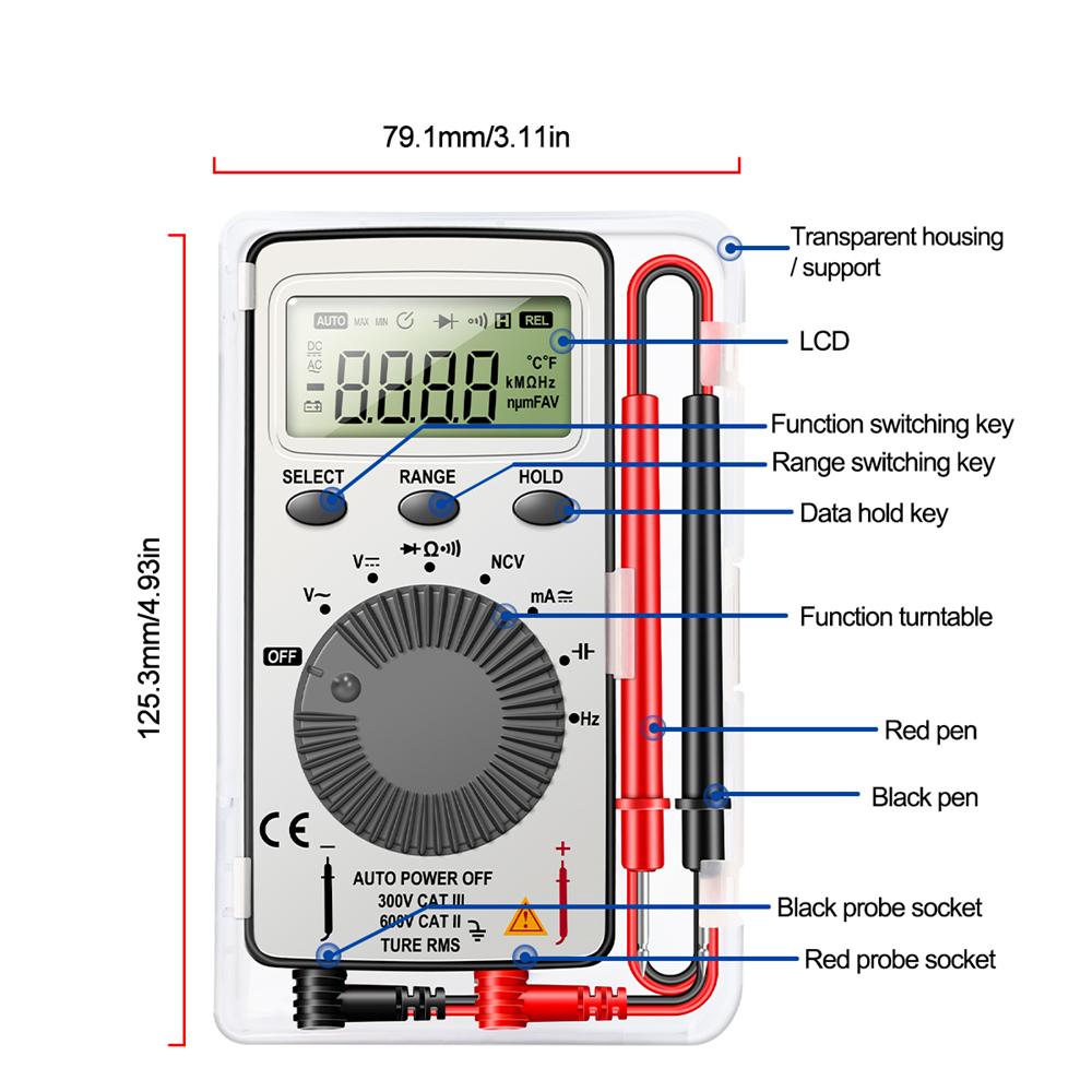 Digitalanzeige Tragbares Karten-Digitalmultimeter 0MV~600V Ultradünnes Mini-Spannungs- und Strommessgerät mit Alarm-Summer