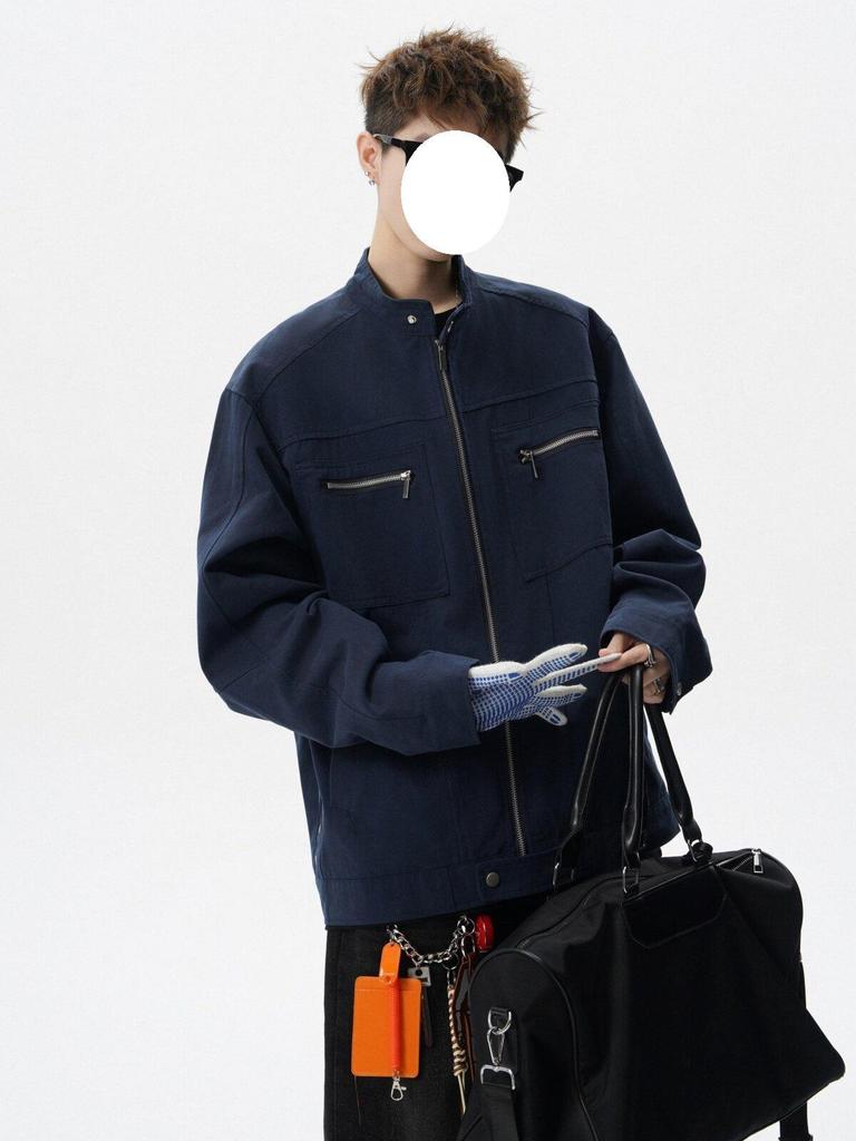 Men's Retro Canvas Patchwork Jacket - American Style Stand-Up Collar Casual Outerwear