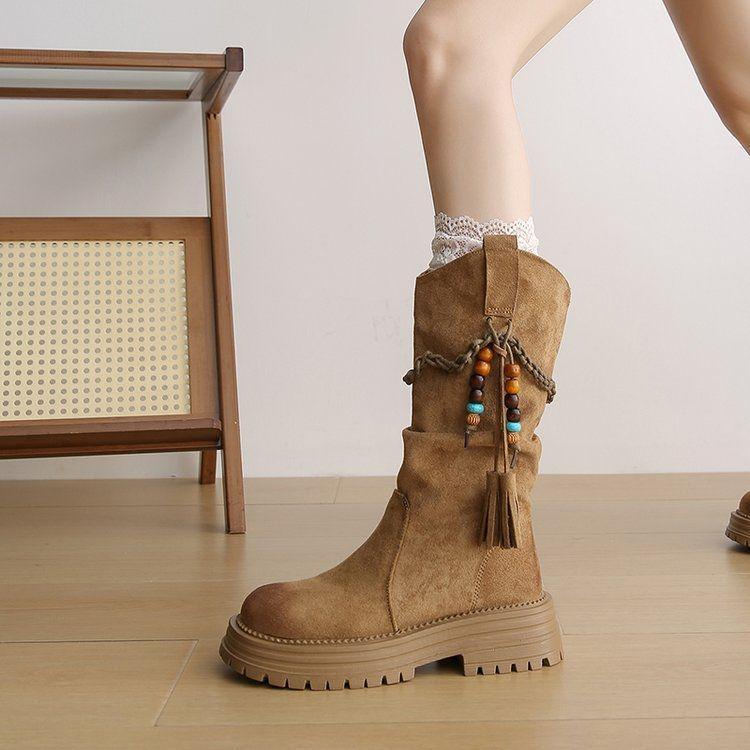 Women's Thick Sole Retro Western Ankle Boots - 2025 Autumn/Winter Fashion Tassel Cowboy Martin Boots